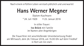 Traueranzeige von Hans Werner Megner  von Süddeutsche Zeitung