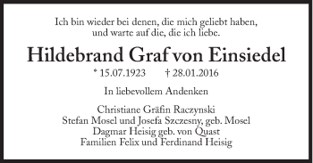 Traueranzeige von Hildebrand  Graf von Einsiedel von Süddeutsche Zeitung
