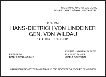 Traueranzeige von Hans-Dietrich  von Lindeiner von Süddeutsche Zeitung