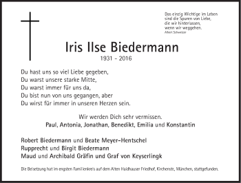 Traueranzeige von Iris Ilse Biedermann von Süddeutsche Zeitung