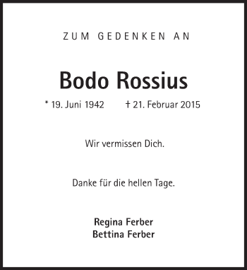 Traueranzeige von Bodo Rossius von Süddeutsche Zeitung