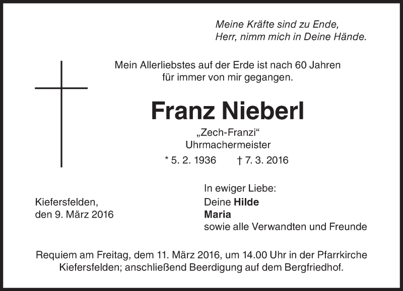  Traueranzeige für Franz Nieberl vom 10.03.2016 aus Süddeutsche Zeitung