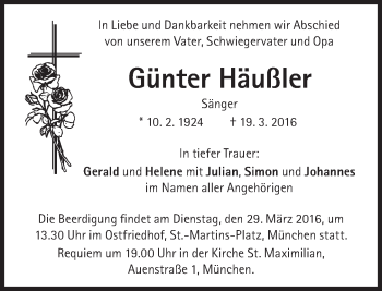 Traueranzeige von Günter Häußler von Süddeutsche Zeitung