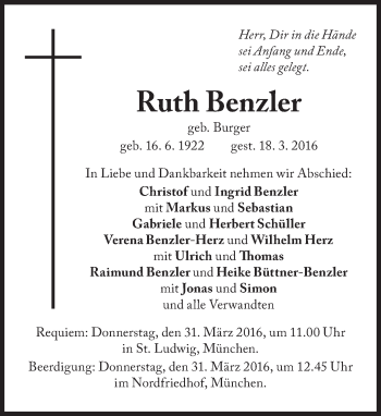 Traueranzeige von Ruth Benzler von Süddeutsche Zeitung