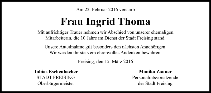  Traueranzeige für Ingrid Thoma vom 15.03.2016 aus Süddeutsche Zeitung