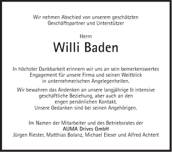 Traueranzeige von Willi Baden von Süddeutsche Zeitung