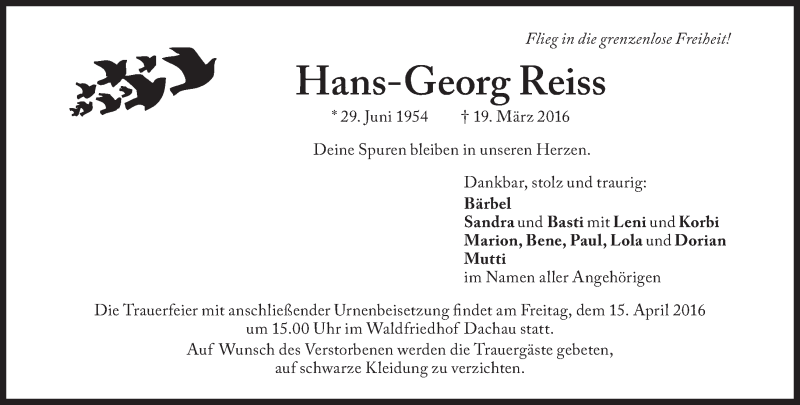  Traueranzeige für Hans-Georg Reiss vom 26.03.2016 aus Süddeutsche Zeitung