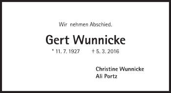 Traueranzeige von Gert Wunnicke von Süddeutsche Zeitung