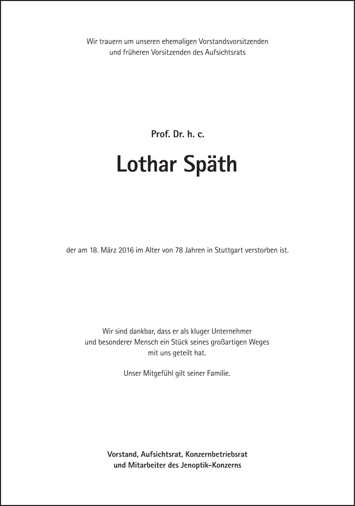  Traueranzeige für Lothar Späth vom 22.03.2016 aus Süddeutsche Zeitung