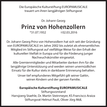 Traueranzeige von Johann Georg Prinz von Hohenzollern von Süddeutsche Zeitung