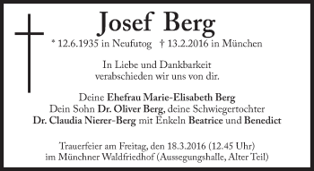 Traueranzeige von Josef Berg von Süddeutsche Zeitung