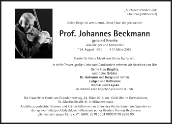 Traueranzeige von Johannes Beckmann von Süddeutsche Zeitung