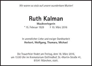 Traueranzeige von Ruth Kalmann von Süddeutsche Zeitung