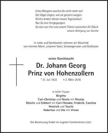 Traueranzeige von Johann Georg Prinz von Hohenzollern von Süddeutsche Zeitung