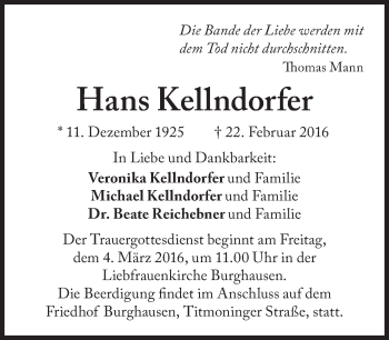 Traueranzeige von Hans Kellndorfer von Süddeutsche Zeitung