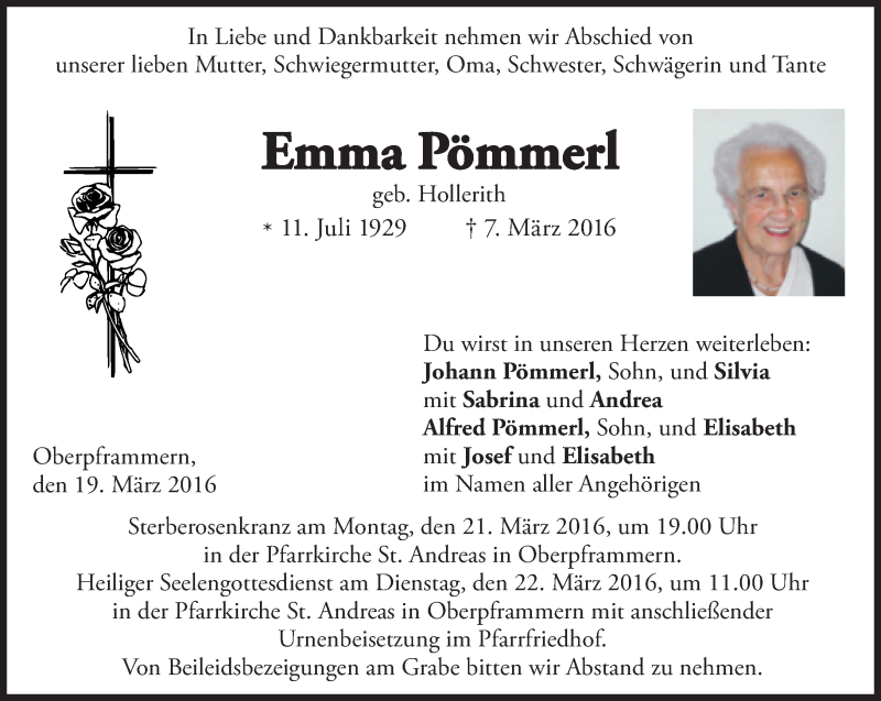  Traueranzeige für Emma Pömmerl vom 19.03.2016 aus Süddeutsche Zeitung