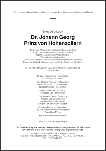 Traueranzeige von Johann Georg Prinz von Hohenzollern von Süddeutsche Zeitung