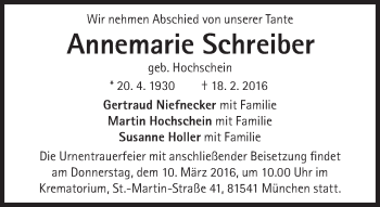 Traueranzeige von Annemarie Schreiber von Süddeutsche Zeitung