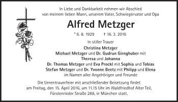 Traueranzeige von Alfred Metzger von Süddeutsche Zeitung