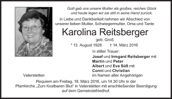 Traueranzeige von Karolina Reitsberger von Süddeutsche Zeitung