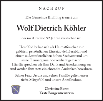 Traueranzeige von Wolf Dietrich Köhler von Süddeutsche Zeitung