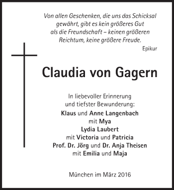 Traueranzeige von Claudia von Gagern von Süddeutsche Zeitung