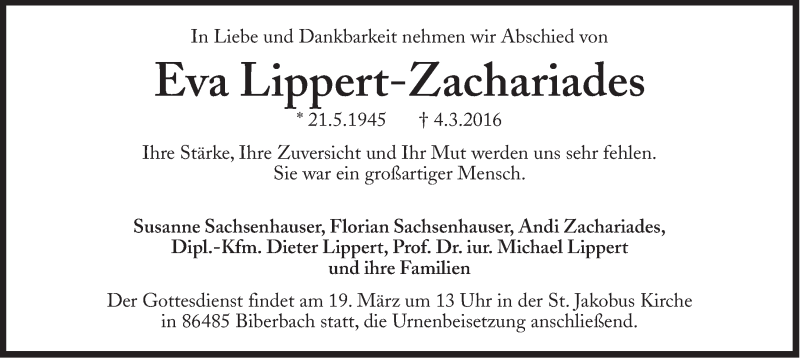  Traueranzeige für Eva Lippert-Zachariades vom 12.03.2016 aus Süddeutsche Zeitung