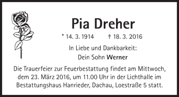 Traueranzeige von Pia Dreher von Süddeutsche Zeitung