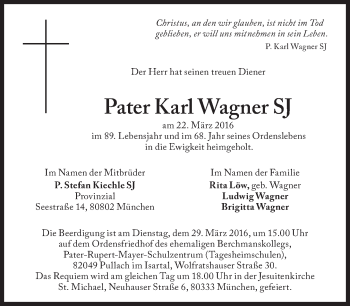 Traueranzeige von Karl Wagner SJ von Süddeutsche Zeitung