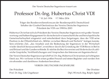 Traueranzeige von Hubertus Christ von Süddeutsche Zeitung