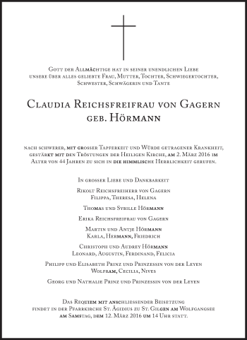 Traueranzeige von Claudia Reichsfreifrau von Gagern von Süddeutsche Zeitung