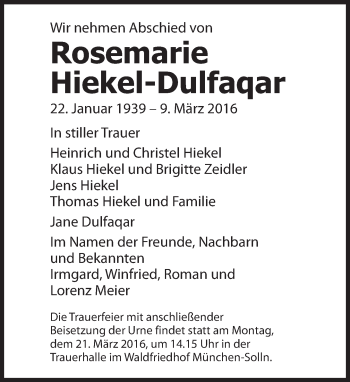 Traueranzeige von Rosemarie Hiekel-Dulfaqar von Süddeutsche Zeitung