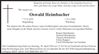 Traueranzeige von Oswald Heimbucher von Süddeutsche Zeitung