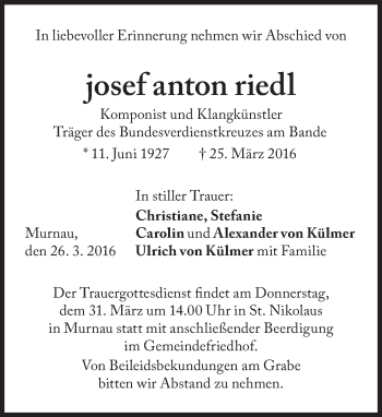 Traueranzeige von Josef Anton Riedl von Süddeutsche Zeitung