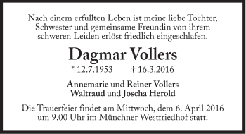 Traueranzeige von Dagmar Vollers von Süddeutsche Zeitung
