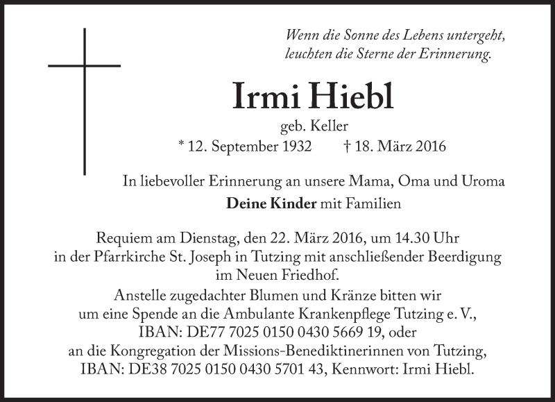  Traueranzeige für Irmi Hiebl vom 21.03.2016 aus Süddeutsche Zeitung