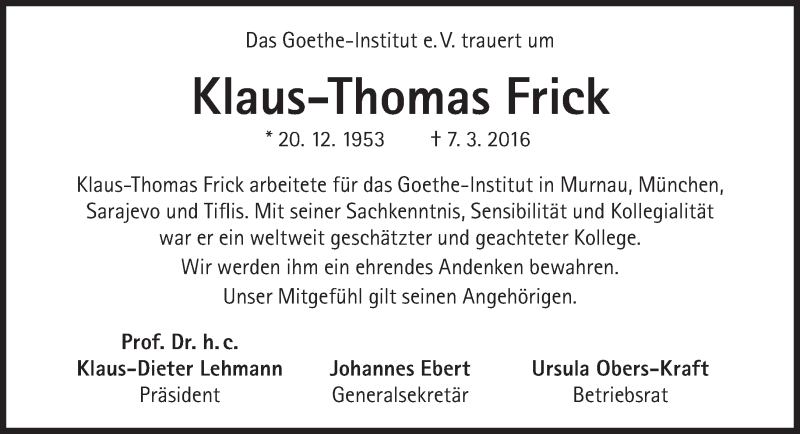  Traueranzeige für Klaus-Thomas Frick vom 19.03.2016 aus Süddeutsche Zeitung