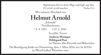 Traueranzeige von Helmut Arnold von Süddeutsche Zeitung