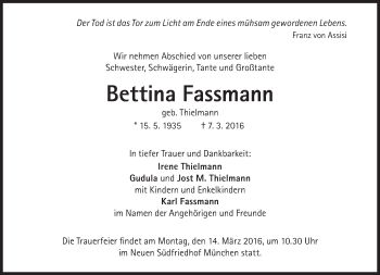 Traueranzeige von Bettina Fassmann von Süddeutsche Zeitung