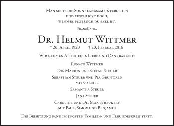 Traueranzeige von Helmut Wittmer von Süddeutsche Zeitung