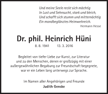 Traueranzeige von Heinrich Hüni von Süddeutsche Zeitung