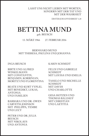 Traueranzeige von Bettina Mund von Süddeutsche Zeitung