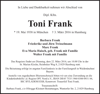 Traueranzeige von Toni Frank von Süddeutsche Zeitung
