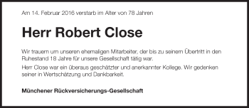 Traueranzeige von Robert Close von Süddeutsche Zeitung