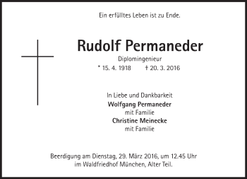 Traueranzeige von Rudolf Permaneder von Süddeutsche Zeitung