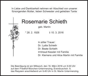 Traueranzeige von Rosemarie Schieth von Süddeutsche Zeitung