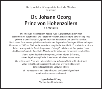Traueranzeige von Johann Georg Prinz von Hohenzollern von Süddeutsche Zeitung