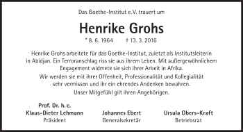 Traueranzeige von Henrike Grohs von Süddeutsche Zeitung
