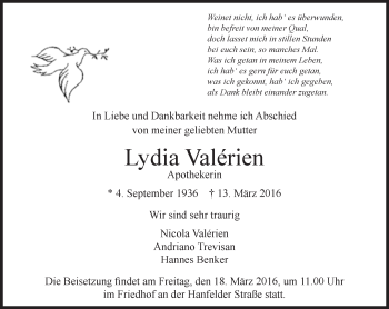 Traueranzeige von Lydia Valérien von Süddeutsche Zeitung