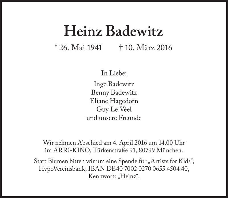  Traueranzeige für Heinz Badewitz vom 17.03.2016 aus Süddeutsche Zeitung